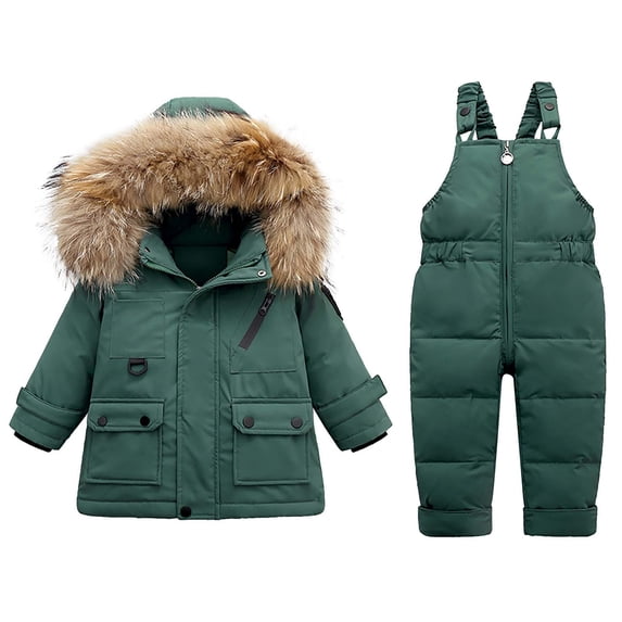 ZCFZJW Toddler Kids Baby Boys Girls Kids Thickened Down Warm Jacket Coat with Detachable Fuzzy Hood and Strap Ski Bib Pants Snowsuit Winter Infant Outfit Sets Green 3-4 Years