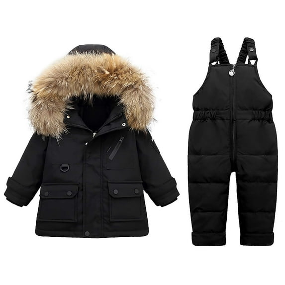 ZCFZJW Toddler Kids Baby Boys Girls Kids Thickened Down Warm Jacket Coat with Detachable Fuzzy Hood and Strap Ski Bib Pants Snowsuit Winter Infant Outfit Sets Black 3-4 Years