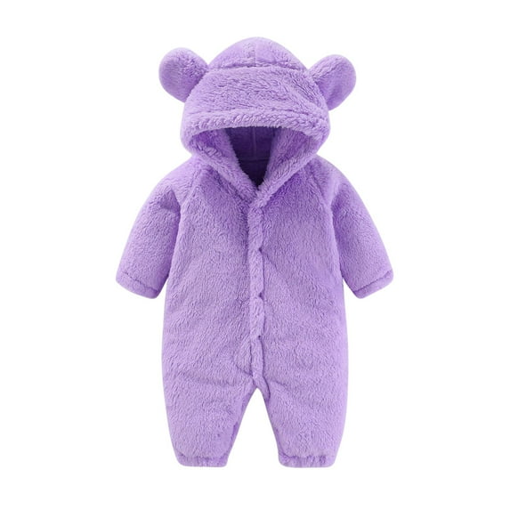 ZCFZJW Toddler Kids Baby Boys Girls Winter Sherpa Fleece Warm Hooded Rompers Long Sleeve Plush Thick Jumpsuit with Cute Bear Ear Hood Casual Button up Bodysuit Outfit Set Purple 6M