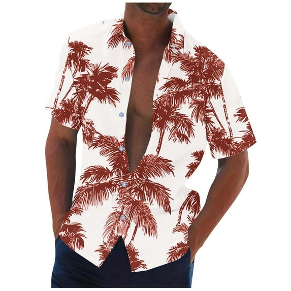 ZCFZJW Tropical Palm Tree Graphic Shirts for Men Summer Short Sleeve Button Down Hawaiian T-Shirts Trendy Oversized Regular Fit Beach Vacation Tees Tops Brown XXXXL