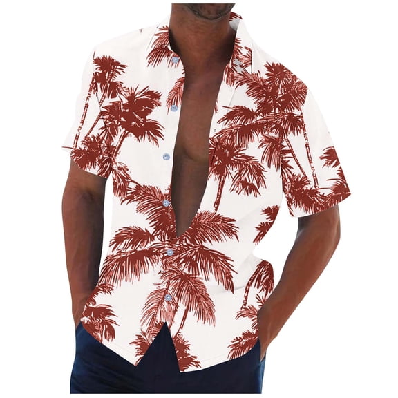 ZCFZJW Tropical Palm Tree Graphic Shirts for Men Summer Short Sleeve Button Down Hawaiian T-Shirts Trendy Oversized Regular Fit Beach Vacation Tees Tops Brown XL
