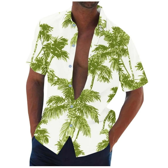 ZCFZJW Tropical Palm Tree Graphic Shirts for Men Summer Short Sleeve Button Down Hawaiian T-Shirts Trendy Oversized Regular Fit Beach Vacation Tees Tops Yellow XL