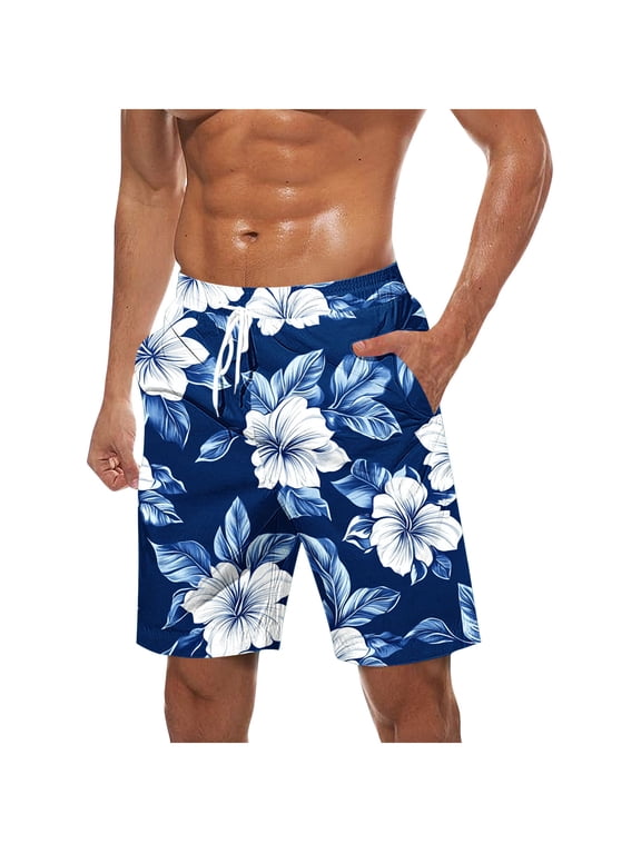 Tropical Swim Trunks for Men Lightweight Casual Beach Hawaiian Short Pants Drawstring Elastic Waist Surfing Board Shorts with Pockets Navy XXXL