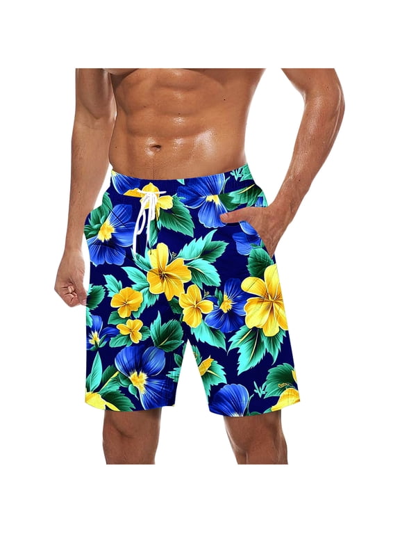 Tropical Swim Trunks for Men Lightweight Casual Beach Hawaiian Short Pants Drawstring Elastic Waist Surfing Board Shorts with Pockets Yellow L