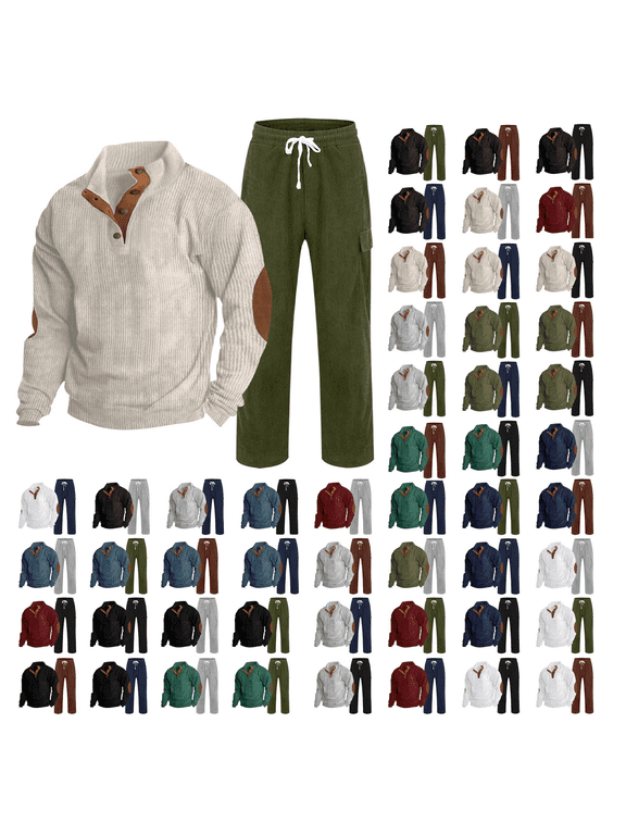 Two Piece Corduroy Tracksuit for Men Casual Button Henley Long Sleeve Stand Collar Pullover Sweatshirts and Drawstring Elastic Waist Sweatpants with Pockets Fall Sport Outfit Clothes XXL