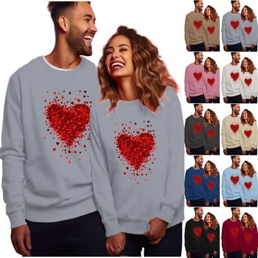 ZCFZJW Valentine's Matching Outfit Clothes for Couples Cute Love Heart Pattern Print Long Sleeve Crewneck Pullover Sweatshirts Trendy Holiday Gift Tees Shirt Tops Beige Women-L