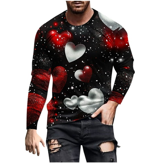ZCFZJW Valentines Day T-Shirts for Men Big and Tall Regular Fit Casual Heart Pattern Print Long Sleeve Crewneck Graphic Holiday Gift Tees Shirt Trendy Cozy Pullover Tops M