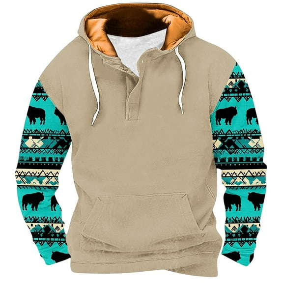 ZCFZJW Vintage Aztec Patchwork Print Long Sleeve Hooded Sweatshirts for Men Ethnic Style Pattern 1/4 Button Graphic Western Hoodie Tops Trendy Cozy Pullover Sweatshirt with Pockets XXXXL