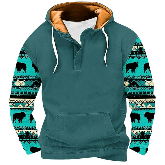 ZCFZJW Vintage Aztec Patchwork Print Long Sleeve Hooded Sweatshirts for Men Ethnic Style Pattern 1/4 Button Graphic Western Hoodie Tops Trendy Cozy Pullover Sweatshirt with Pockets L