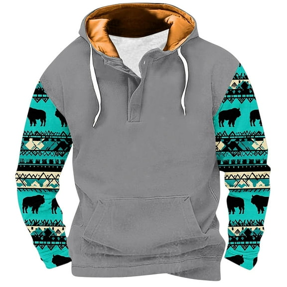 ZCFZJW Vintage Aztec Patchwork Print Long Sleeve Hooded Sweatshirts for Men Ethnic Style Pattern 1/4 Button Graphic Western Hoodie Tops Trendy Cozy Pullover Sweatshirt with Pockets XXXL
