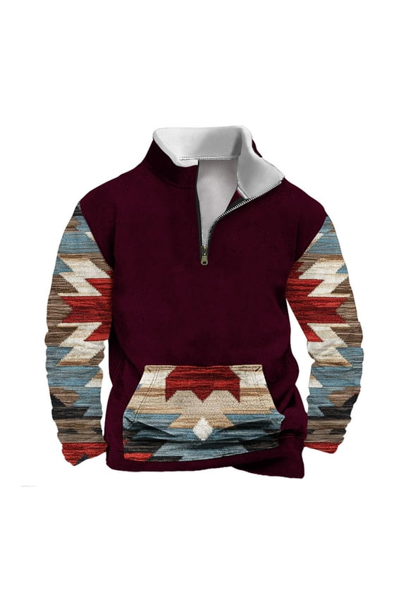 Vintage Aztec Pattern Graphic Jacket Shirts for Men Big and Tall Regular Fit Casual Long Sleeve Stand Collar Pullover Sweatshirts Trendy Zipper Outwear Tops with Pocket Wine M