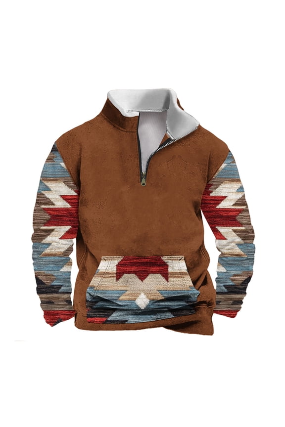 Vintage Aztec Pattern Graphic Jacket Shirts for Men Big and Tall Regular Fit Casual Long Sleeve Stand Collar Pullover Sweatshirts Trendy Zipper Outwear Tops with Pocket Khaki L