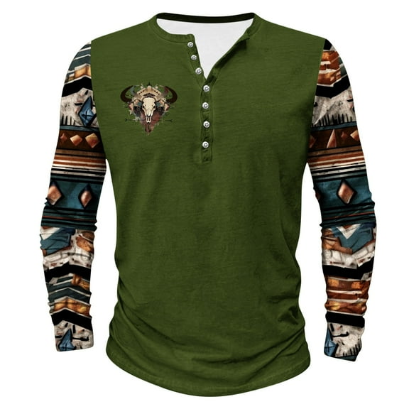 ZCFZJW Vintage Aztec Print Western Shirts for Men Trendy Oversized Casual Long Sleeve Patchwork Pullover Tops Big and Tall Regular Fit Graphic T-Shirts Green L