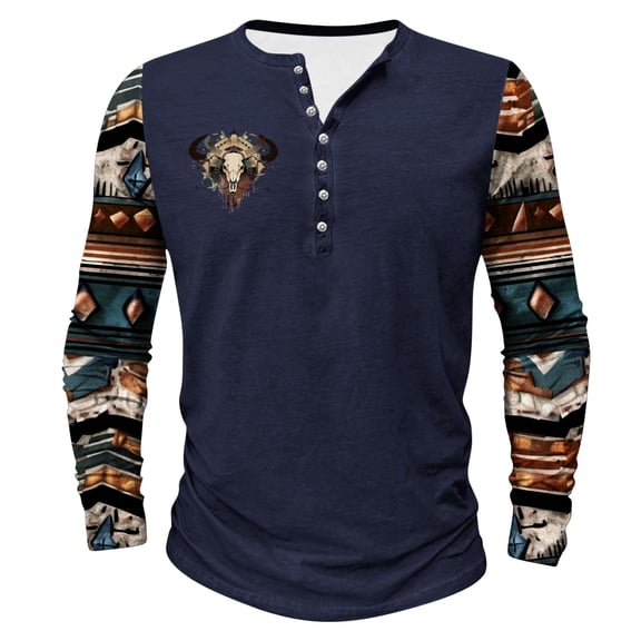 ZCFZJW Vintage Aztec Print Western Shirts for Men Trendy Oversized Casual Long Sleeve Patchwork Pullover Tops Big and Tall Regular Fit Graphic T-Shirts Navy M