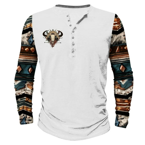 ZCFZJW Vintage Aztec Print Western Shirts for Men Trendy Oversized Casual Long Sleeve Patchwork Pullover Tops Big and Tall Regular Fit Graphic T-Shirts White L