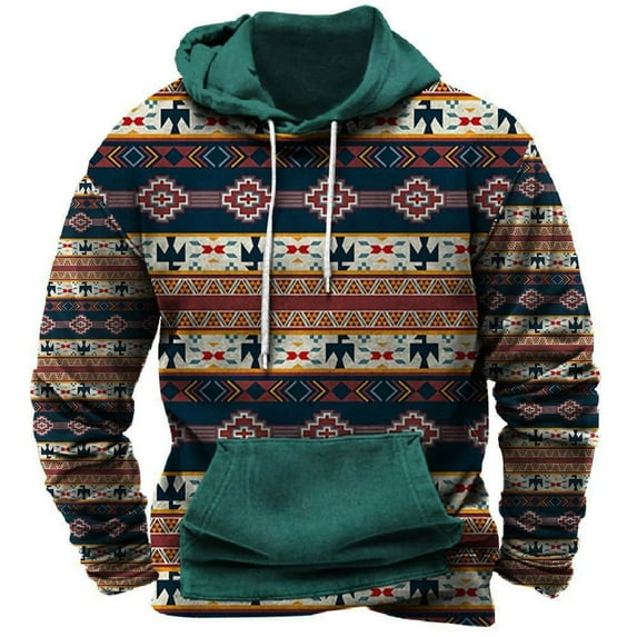ZCFZJW Vintage Aztec Western Hoodies for Men Big and Tall Regular Fit Casual Drawstring Long Sleeve Hooded Pullover Sweatshirts Ethnic Style Print Outwear Tops with Pocket Multicolor#04 M