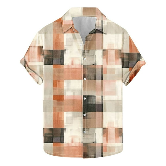 ZCFZJW Vintage Color Block Print T-Shirts for Men Big and Tall Regular Fit Casual Summer Short Sleeve Plaid Button Down Hawaiian Shirts Tops Multicolor#09 XL