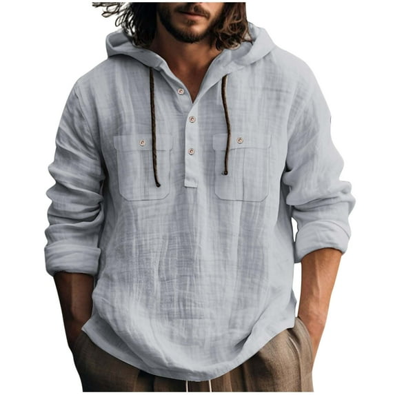 ZCFZJW Vintage Hoodie T-Shirts for Men Lightweight Casual Drawstring Long Sleeve Button Down Soft Cotton and Linen Beach Vacation Tees Shirt Tops with Pockets Gray XL