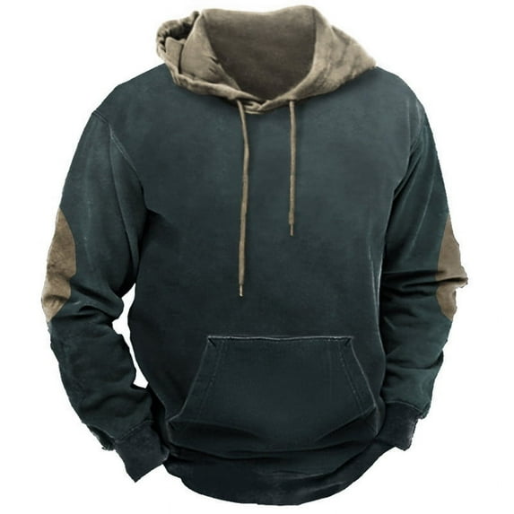 ZCFZJW Vintage Hoodie Tops for Men Casual Big and Tall Regular Fit Graphic Long Sleeve Drawstring Patchwork Hooded Sweatshirts with Kangaroo Pocket Army Green M