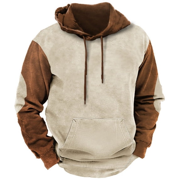 ZCFZJW Vintage Hoodie Tops for Men Casual Big and Tall Regular Fit Graphic Long Sleeve Drawstring Patchwork Hooded Sweatshirts with Kangaroo Pocket Beige M