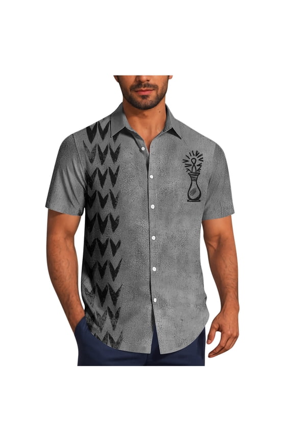 Vintage Shirts for Men Ethnic Style Printed Summer Short Sleeve Button Down Beach Hawaiian T-Shirts Trendy Soft Cotton Vacation Tees Tops Gray M