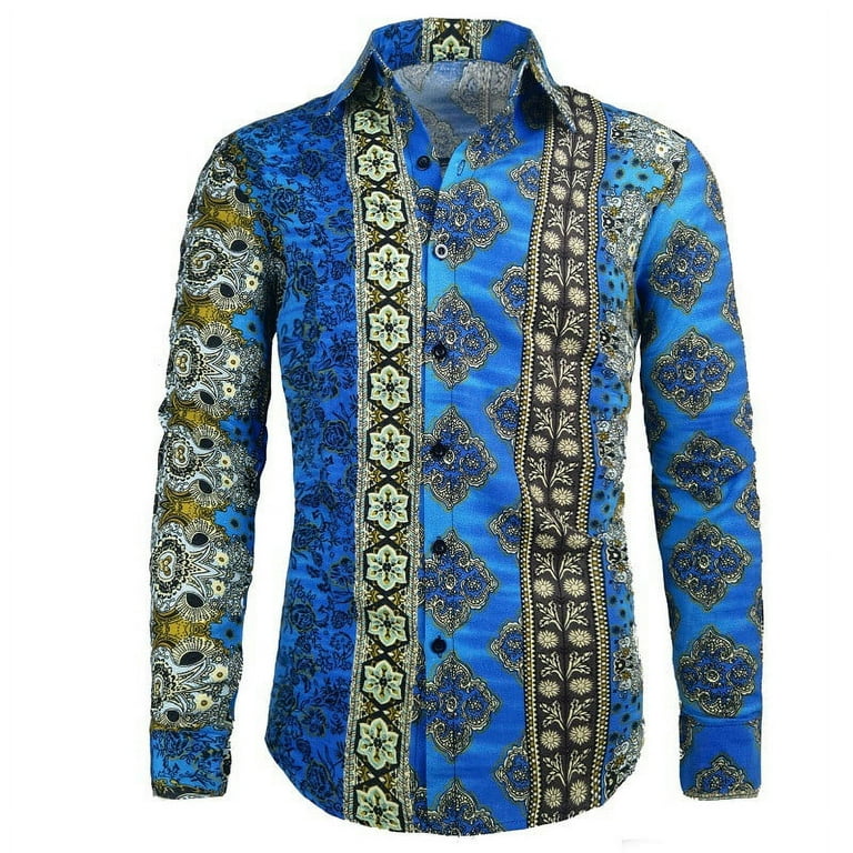 ZCFZJW Vintage Shirts for Men Big and Tall Regular Fit Casual Ethnic Style  Printed Long Sleeve Button Down Graphic Western T-Shirts Tops Blue XXL