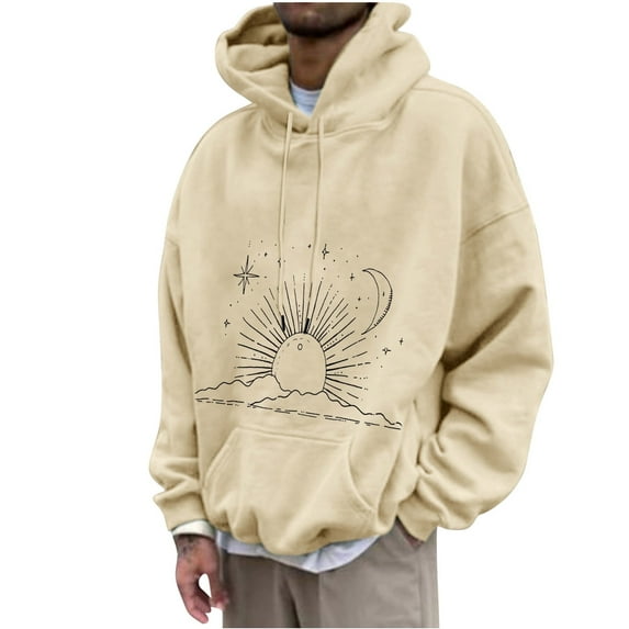 ZCFZJW Vintage Sun and Moon Print Hoodie Tops for Men Big and Tall Regular Fit Casual Graphic Long Sleeve Drawstring Hooded Pullover Sweatshirts with Pockets Khaki XL