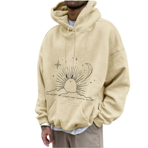 ZCFZJW Vintage Sun and Moon Print Hoodie Tops for Men Big and Tall Regular Fit Casual Graphic Long Sleeve Drawstring Hooded Pullover Sweatshirts with Pockets Khaki XXL
