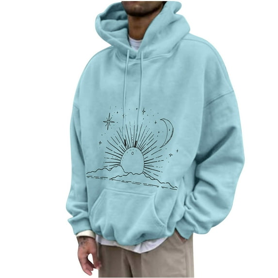 ZCFZJW Vintage Sun and Moon Print Hoodie Tops for Men Big and Tall Regular Fit Casual Graphic Long Sleeve Drawstring Hooded Pullover Sweatshirts with Pockets Light Blue M