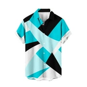 ZCFZJW Vintage Western Shirts for Men Big and Tall Casual Striped Color Block Printed Summer Short Sleeve Button Down Graphic Tees Shirt Tops Light Blue M