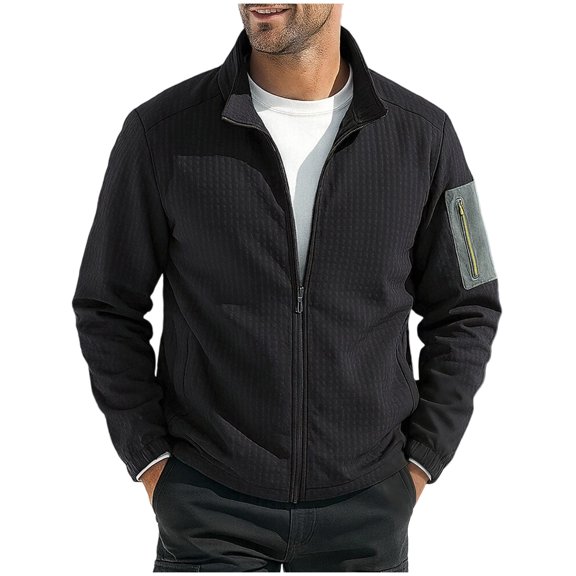ZCFZJW Waffle Knit Jackets for Men Big and Tall Regular Fit Casual Full Zip up Long Sleeve Sherpa Fleece Lined Warm Outdoor Hiking Jacket with Multi-Pockets Black XL