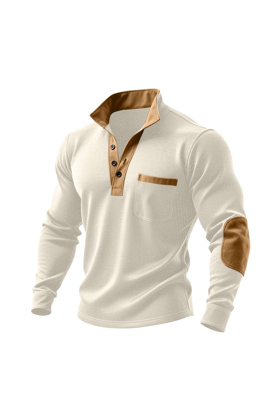 Waffle Shirts for Women Lightweight Casual Elbow Patch Long Sleeve Quarter Buttton up Henley Shirts Loose Regular Fit Comfy Basic Stand Collar Pullover Tops with Pockets Beige L