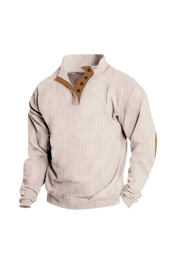 Western Henley Sweatshirts for Men Big and Tall Regular Fit Casual Solid Color Textured Knit Long Sleeve 1/4 Button up Pullover Sweater Tops with Elbow Patch Beige S
