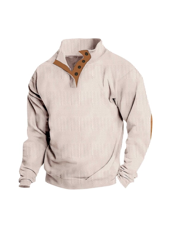 Western Henley Sweatshirts for Men Big and Tall Regular Fit Casual Solid Color Textured Knit Long Sleeve 1/4 Button up Pullover Sweater Tops with Elbow Patch Beige S