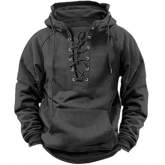 ZCFZJW Western Hoodie Tops for Men Trendy Casual Long Sleeve Cross Bandage Hooded Sweatshirts Athletic Drawstring Pullover Tops with Pockets Gray XXL