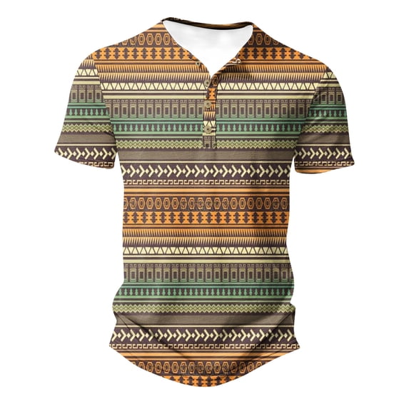 ZCFZJW Western Shirts for Men Vintage Ethnic Style Printed Summer Short Sleeve Button V Neck Henley Tops Loose Lightweight Comfy Pullover T-Shirts Gold XXXL
