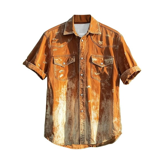 ZCFZJW Western Shirts for Men Vintage Printed Short Sleeve Button Down Distressed Washed T-Shirts Big and Tall Regular Fit Work Business Shirt with Pockets Orange#01 S