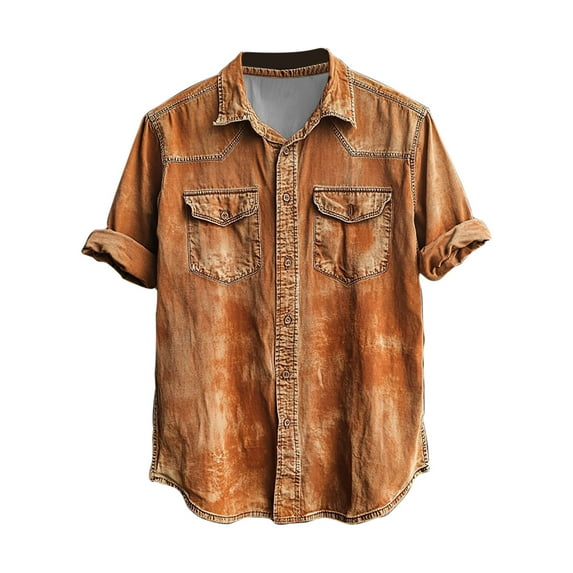 ZCFZJW Western Shirts for Men Vintage Printed Short Sleeve Button Down Distressed Washed T-Shirts Big and Tall Regular Fit Work Business Shirt with Pockets Orange#02 XL
