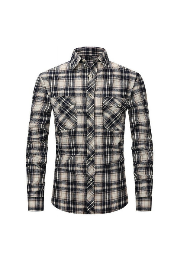 Western Shirts for Men Casual Snap Buttons Regular Fit Plaid Mens Long Sleeve Lapel T-Shirts with Pockets Beige L