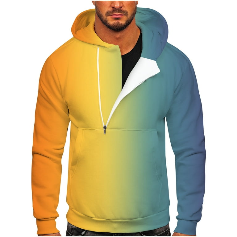 ZCFZJW Winter Hoodies for Men Casual Half Zip Up Long Sleeve Ombre Color Print Pullover Tops Loose Fit Comfy Hoodies Sweatshirts with Pocket Yellow M