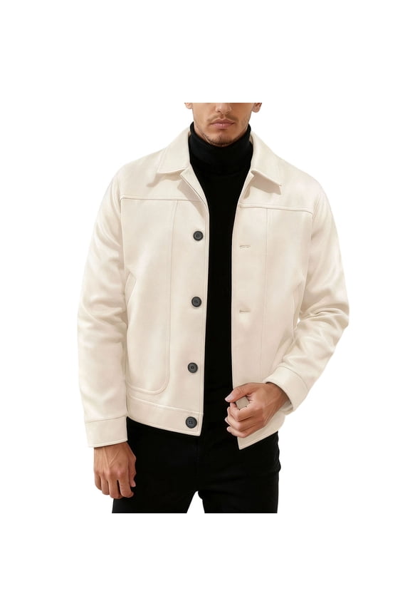 Wool Blend Coat for Men Vintage Classic Fit Long Sleeve Button Down Cardigan Outwear Jackets Lapel Collared Plush Thick Shack Jacket Tops with Pockets Beige S