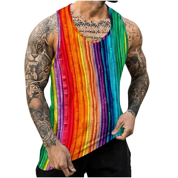 ZCFZJW Workout Tank Tops for Men Casual Tie Dye Colorful Striped Print Summer Sleeveless Vest Trendy Athletic Quick Dry Beach Hawaiian T-Shirts Multicolor#18 L