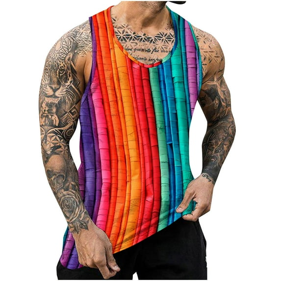 ZCFZJW Workout Tank Tops for Men Casual Tie Dye Colorful Striped Print Summer Sleeveless Vest Trendy Athletic Quick Dry Beach Hawaiian T-Shirts Multicolor#04 XL