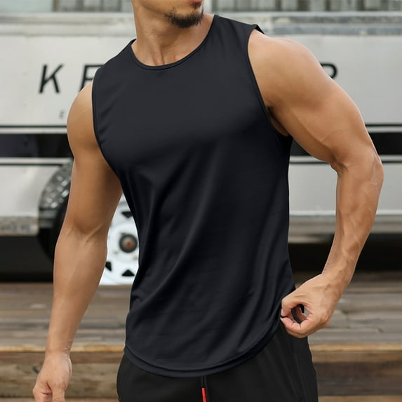 ZCFZJW Workout Tank Tops for Men Quick Dry Summer Sleeveless Round Neck Solid Color Muscle Tees Shirt Loose Lightweight Comfy Basic T Shirt Black XL