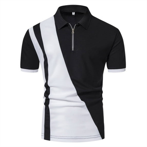 ZCFZJW Zip Up T-Shirts for Men Regular Fit Casual Summer Short Sleeve Lapel V Neck Pullover Tshirt Tops Trendy Color Contrast Print Athletic Tees Black M