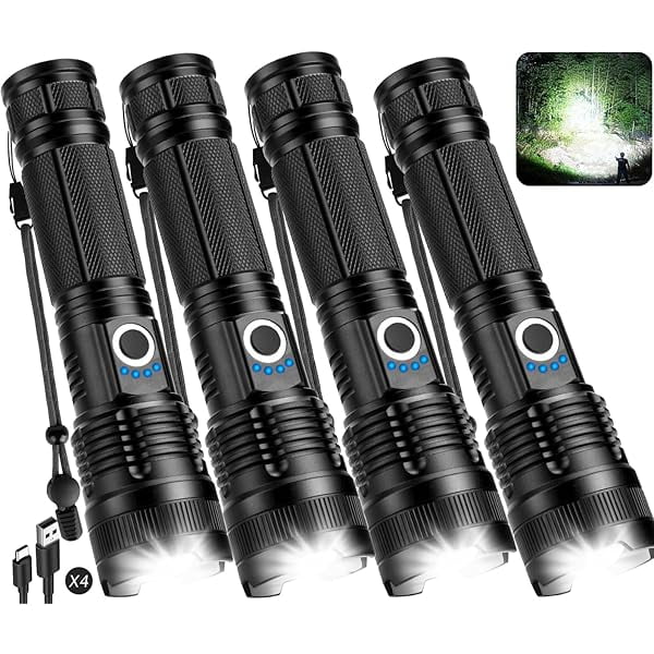 ZCFlashlights Rechargeable LED High Lumens - 4 Pack 90,000LM Super Bright Flashlight, Adjustable Powerful Flash Light with 5 Modes, Waterproof Handheld Flashlight for Home, Camping (4)