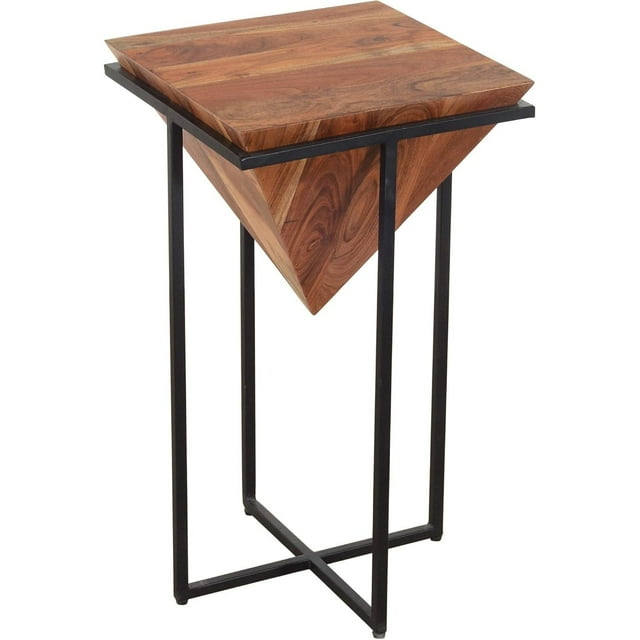 ZCLP 26-Inch Pyramid Shape Wooden Side Table with Cross Metal Base, Brown and Black