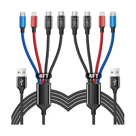 ZCMulti Charging Cable(2Pack 4FT), 4 in 1 Charger Cable Nylon Braided Multiple USB Cable Universal Phone Charging Cord with Type-C, Micro USB, IP Port for iPhone16/15 Series/Cell Phones and More