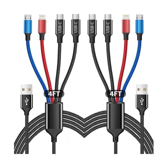 ZCMulti Charging Cable(2Pack 4FT), 4 in 1 Charger Cable Nylon Braided Multiple USB Cable Universal Phone Charging Cord with Type-C, Micro USB, IP Port for iPhone16/15 Series/Cell Phones and More