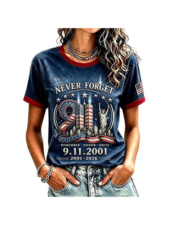 911 Never Forget 25th Anniversary Commemorative T Shirts for Women American Flag Shirts V Neck Short Sleeve T-Shirt Vintage 911 Memorial 25th Anniversary Tees Navy XL